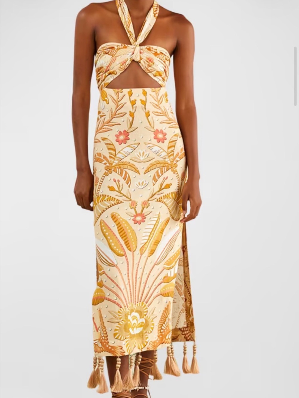 FARM RIO tropical Chic cutout printed linen-blend halterneck midi dress- size S - Picture 1 of 3